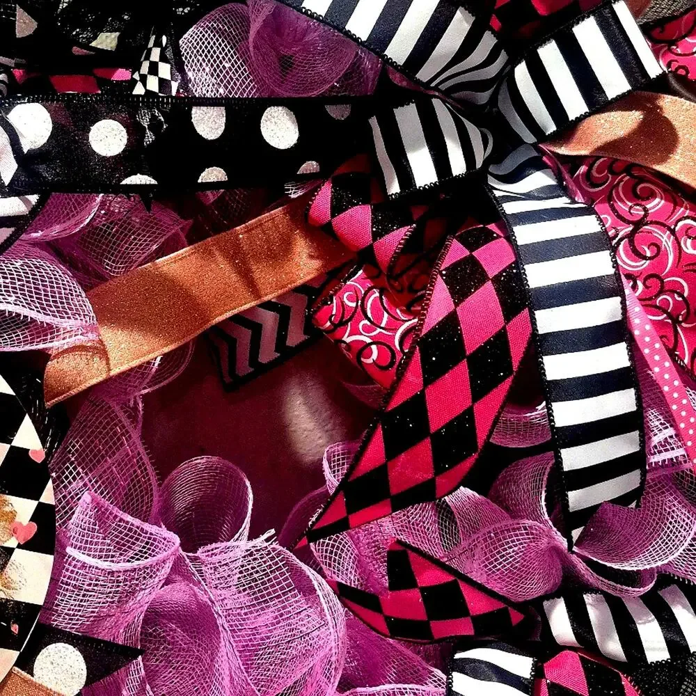 Wreath Rabbit flowers Valentines, Easter, Spring, Summer SIGN Ribbon pink black